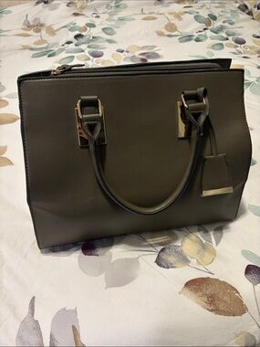 Structured Olive Green Shoulder Bag with Gold Accents
